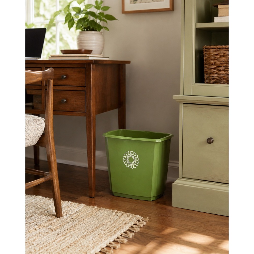 Lustro-ware Wastebasket Green Good Vintage MCM Floral Sunburst Plastic USA